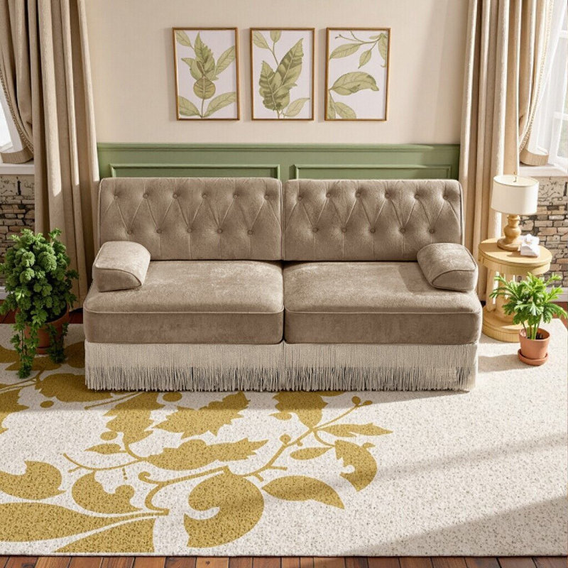 Élégant canapé Chesterfield en velours chameau - Conception capitonnée à boutons doux avec jupe à pampilles, modulaire et confortable pour le salon