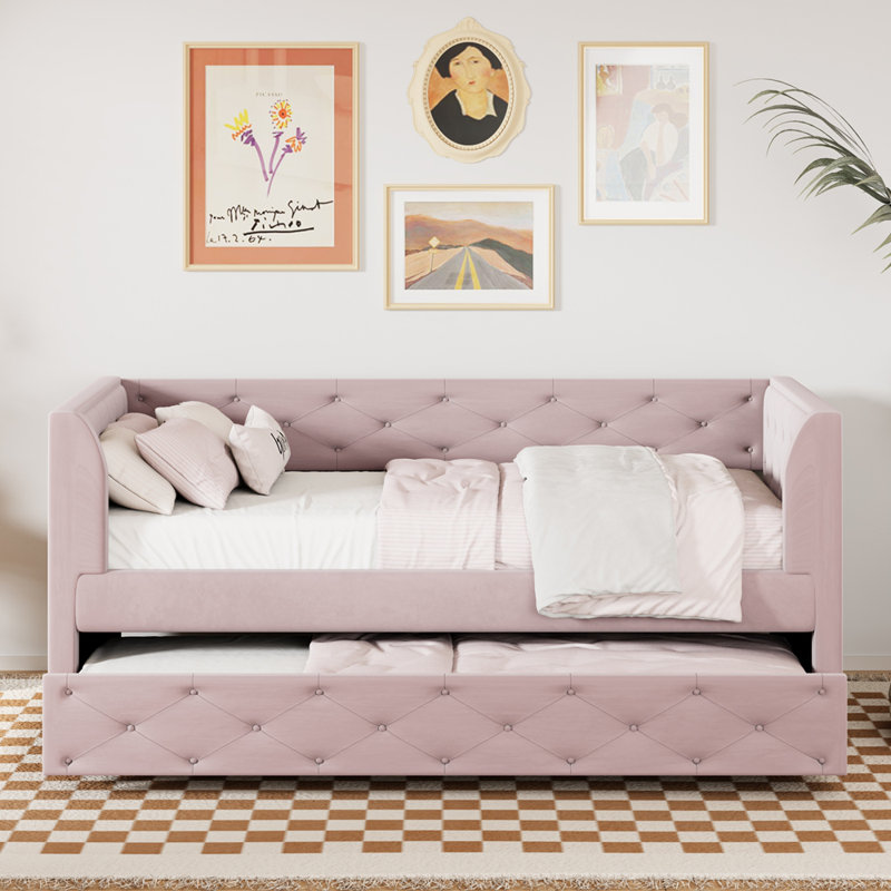 Lit de jour simple rembourré en velours capitonné avec couchette, Rose