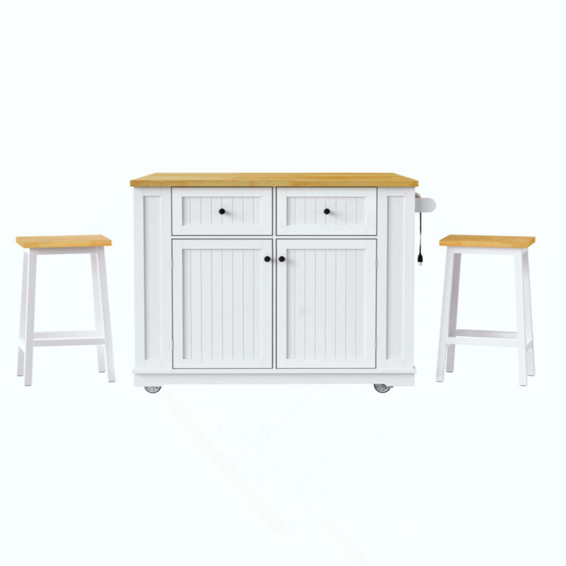 Kitchen Island With 2 Bar Stools, Power Outlet, Door Internal Storage Rack, Kitchen Storage Cart On 5 Wheels With Drop Leaf, 5 Open Side Racks, 2 Drawers (Three Packages)