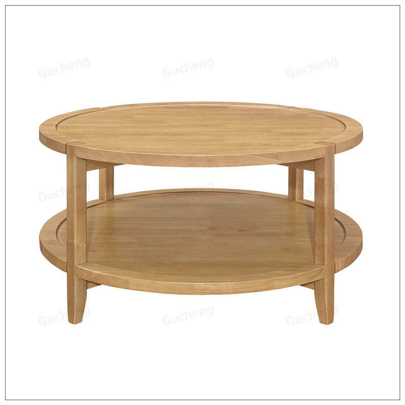 Table basse ronde en bois avec tablette inférieure, fabrication en bois d'hévéa durable et conception en forme de plateau pour un style et un rangement améliorés.