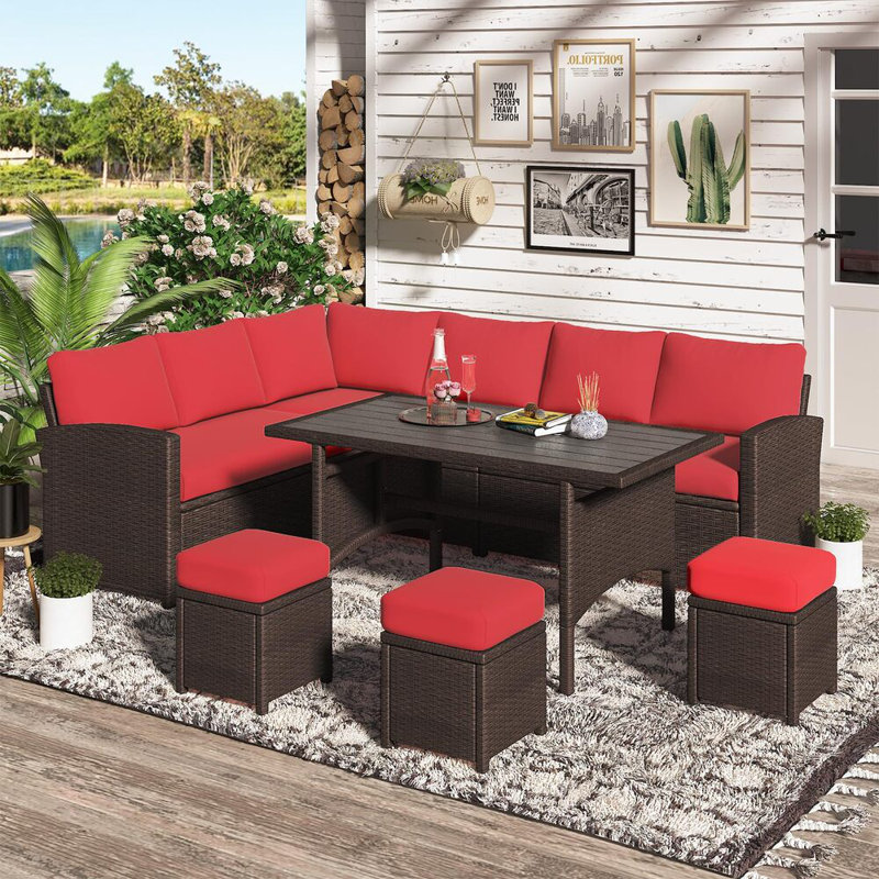 6 - Person Modular Patio Conversation Set with Cushions, Brown Frame/Red Cushion