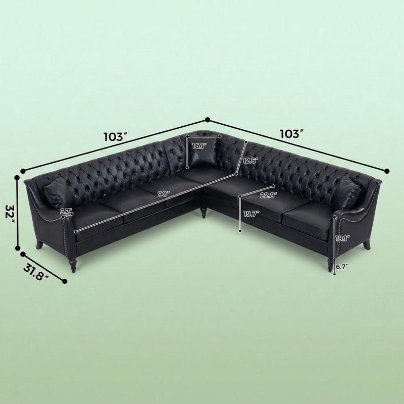 Canapé d'angle capitonné en forme de L avec garniture cloutée et coussins décoratifs, Noir