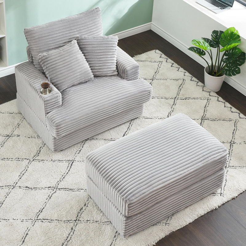 Chaise longue en velours côtelé de 39 po avec porte-gobelet en acier inoxydable et 2 coussins, Gris