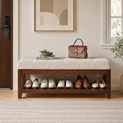 Solid Wood Entryway Bench, Solid Rubber Wood Shoe Bench with Padded Cushion and Lower Shoe Rack, Upholstered Storage Bench for Foyer Hallway Living Ro