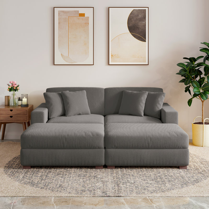 4-Piece Upholstered Light Gray Corduroy Modular Sectional Sleeper Sofa Set With Armchairs & Removable Ottomans, Light Gray