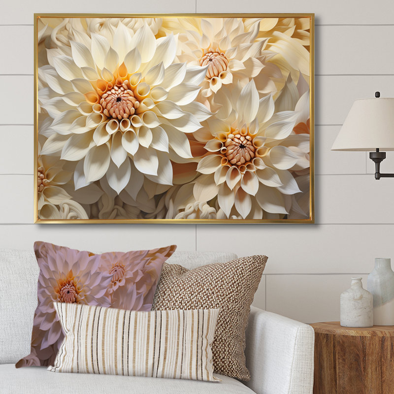 Dahlia blanc minimalisme sur toile, H 24 po x l 32 po x P 1 po, Cadre flottant doré