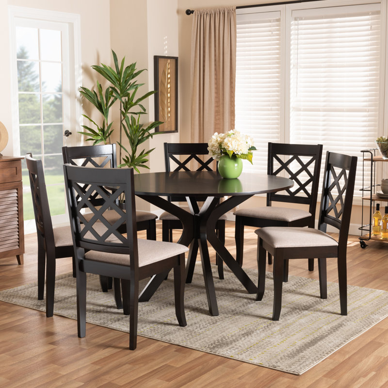 Marbury 7-Pc Dining Set in Sand Fabric Upholstered, 37.4'' H X 18.1'' W X 20.3'' D, 29.9" H x 44.9" W x 44.9" D, Dark Brown