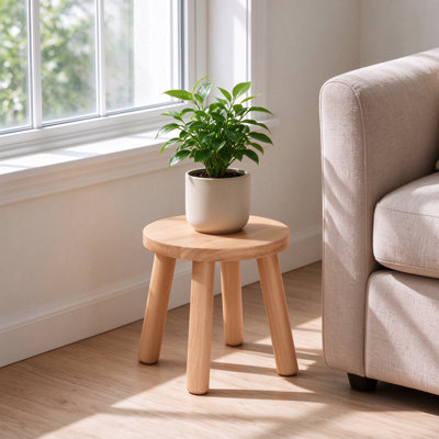 Solid Rubberwood Round Stool Multipurpose Plant Stand Step Stool Footrest with Water-Resistant Finish for Living Room Bedroom Bathroom