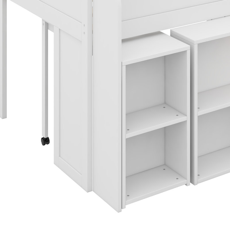 Lit mezzanine en bois avec tablettes de rangement intégrées, bureau d'étude et DEL, Blanc