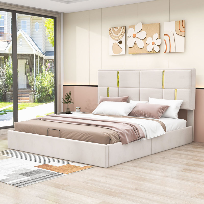 Auroura Queen Upholstered Platform Storage Bed, Beige