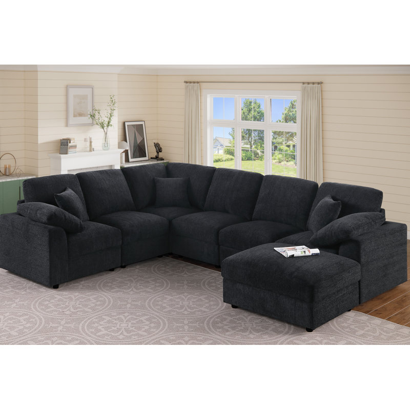 7-Piece Upholstered Corner Sectional, Black Chenille