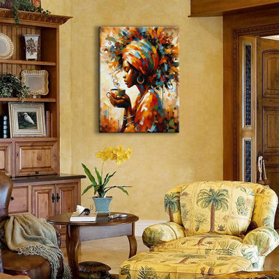 Femme noire, art mural, décoration murale afro-américaine, café, affiche, peinture tribale africaine, image pour salon, chambre à coucher prête à être accrochée (toile de 12 x 16 po)