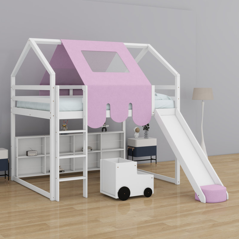 Structure de lit en mezzanine avec tente, Lit double, Blanc / Rose