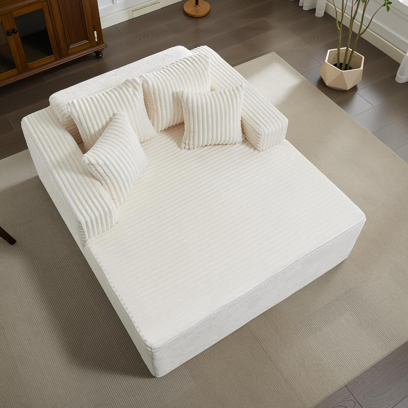Canapé surdimensionné en velours côtelé de 61 po avec 4 coussins et accoudoirs sans assemblage requis, Blanc