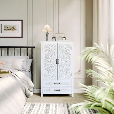 Accent Tall Tower White Storage Cabinet - Rustic Wood Sideboard Pantry Cabinet - Versatile Buffet Cabinet With Storage For Home Decor And Organization Chic Cabinet With Two Doors And Two Drawers