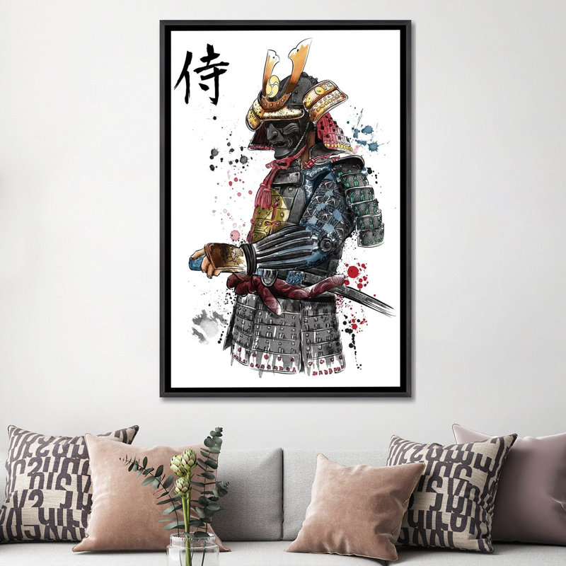 «Samurai Watercolor» par Antonio Camarena - reproduction d'art, H 60 po x l 40po x P 1,5 po, Toile avec cadre noir patiné