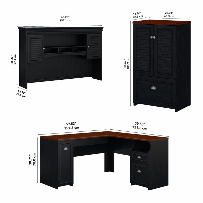 Huckins 4 Piece Computer Desk Office Set, Antique Black/Hansen Cherry