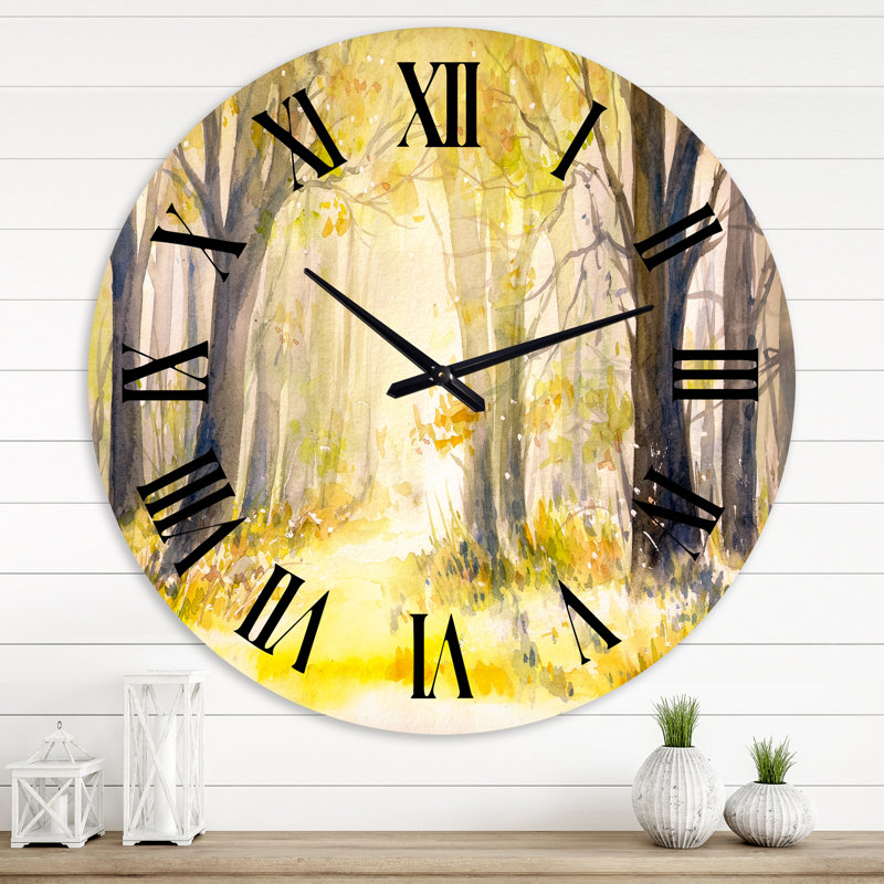 Soleil brillant à travers les arbres de la forêt I - Horloge murale traditionnelle, Grand