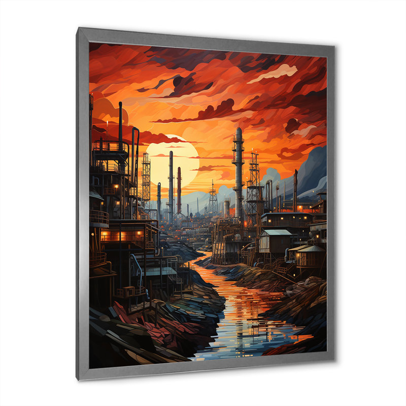 Semarang " Orange Oil Rigs Oil Odyssey ", 32" H x 16" W x 1" D, Silver Picture Framed