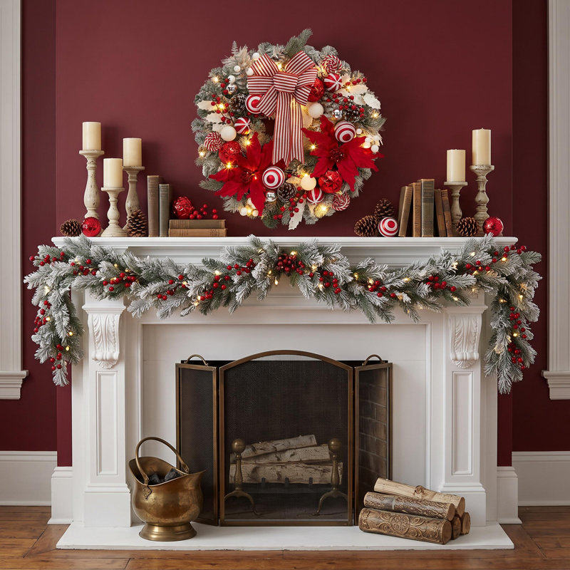 Couronne de Noël artificielle pré-illuminée de 61 cm (24 pouces) pour porte ou fenêtre