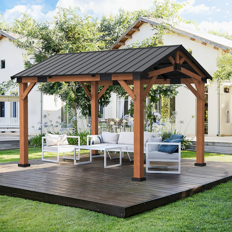 12' X 10' Outdoor Metal Roof Gazebo With Wooden Frame, Hardtop Gazebo,  Resistant Sloping Steel Roof, Light Brown