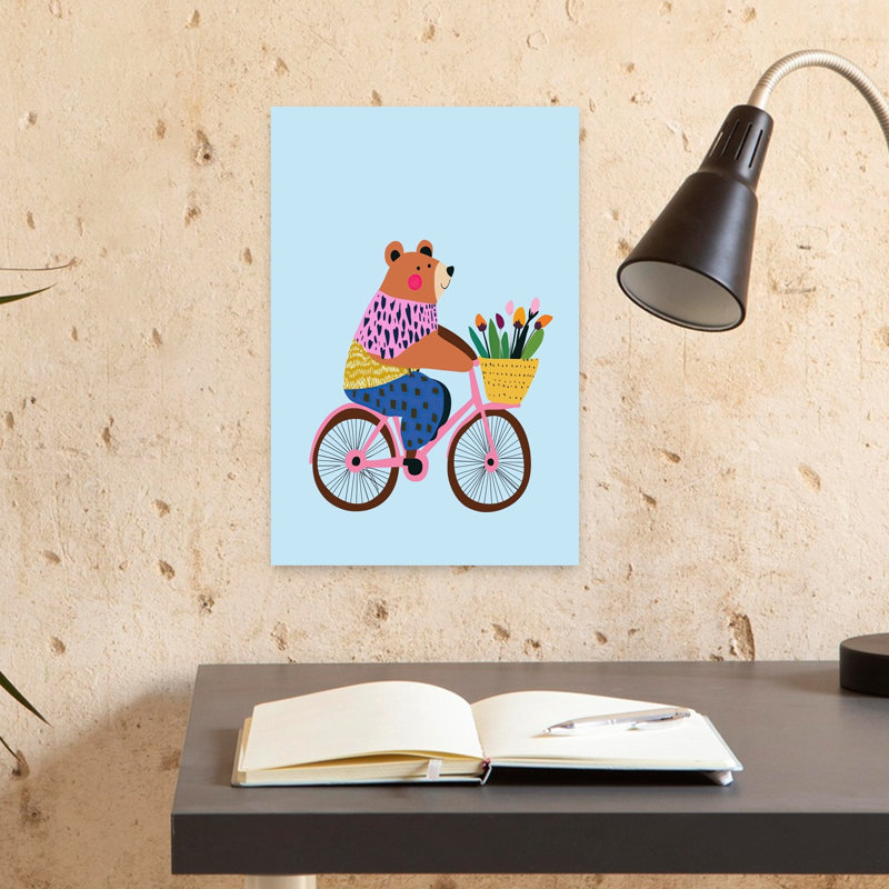 «Happy Bear Bike Ride», impression d'art mural fantaisiste et coloré, H 18 po x l 12 po