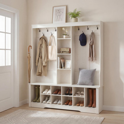 59" Farmhouse Hall Tree With Shoe Storage,wood Coat Rack With Entryway Bench