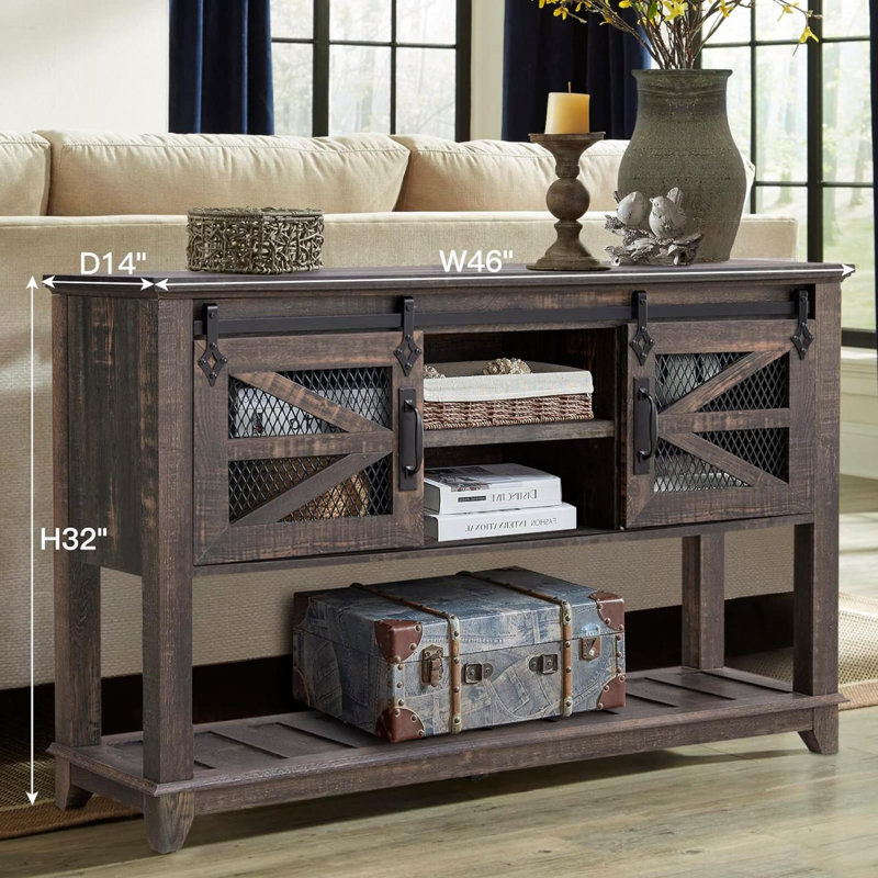 Console de style ferme de 46 po avec porte de grange coulissante Yasmine, Chêne rustique foncé