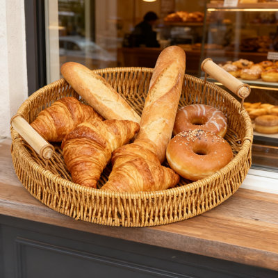 Panier à pain rond tissé à la main avec poignées en bois, matériau PP dense et résistant aux égratignures pour les fruits et les pâtisseries, facile à nettoyer et résistant aux moisissures