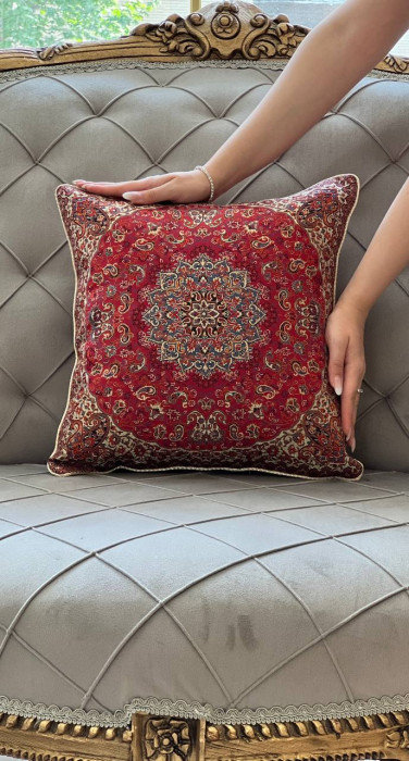 Termeh Wool/Silk Throw Square Pillow Cover & Insert, Red Paisley