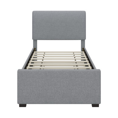 Lit plateforme tapissier en tissu lin avec lit gigogne et tête de lit ajustable rembourrée, aucun sommier tapissier requis