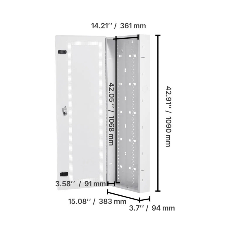 Enceinte média, 42 pouces, centre média structuré avec porte à charnières ventilée, boîtier de gestion des câbles, armoire multimédia à câblage structuré, boîtier média électrique encastré, pour distribution réseau