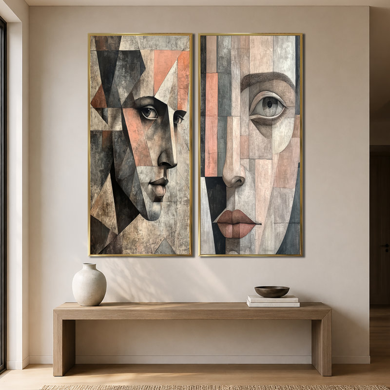 Visage aux angles multiples I - Cubisme - Tableau en deux parties sur toile, 60" H x 56" W, Gold Floater Framed