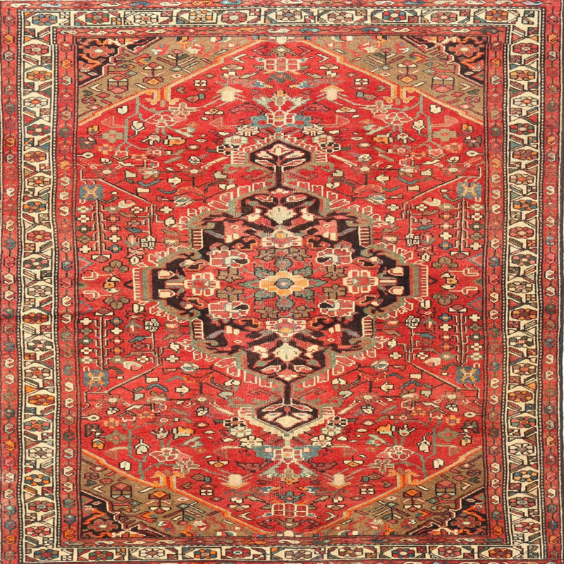 Tapis traditionnel rouge / noir / beige, Rond 4 pi