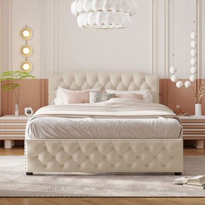 Grand lit plateforme tapissier avec lit gigogne simple et 2 ensembles de ports USB de chaque côté