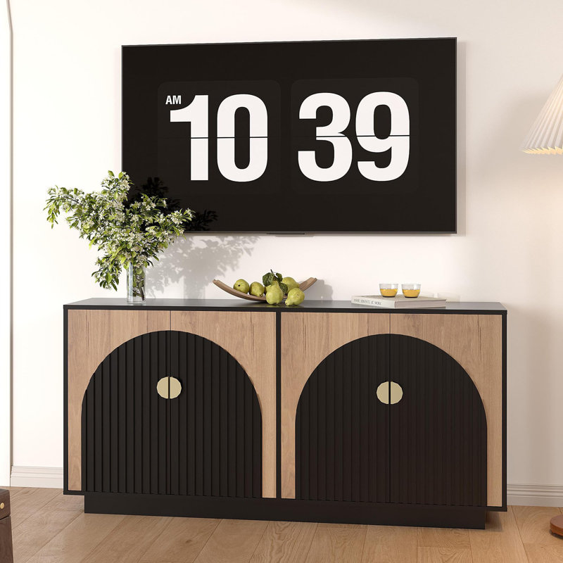 Buffet 63 "moderne cannelé avec rangement, console pour bar et bar à vin pour la salle à manger, Noir