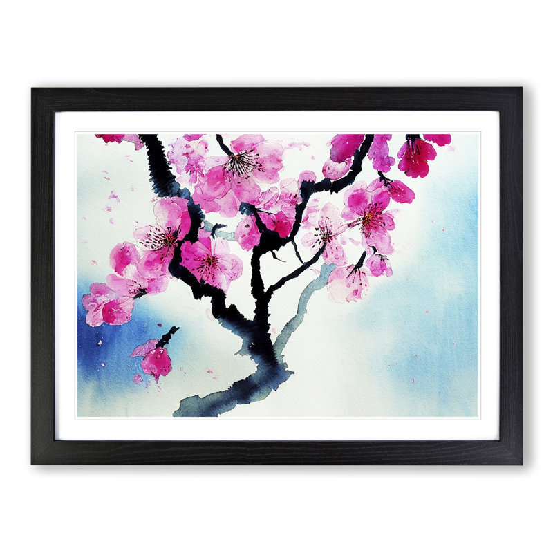 Cherry Blossom Watercolour Flowers Vol.1 - Single Picture Frame Painting, 46cm H x 64cm W x 2cm D, Black Framed