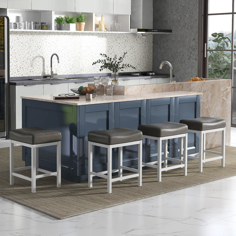 Ebern Designs 24.5" Bar Stool With Solid Rubber Wood Frame Humanized Footrest Kitchen, 4, Dark Gray/White