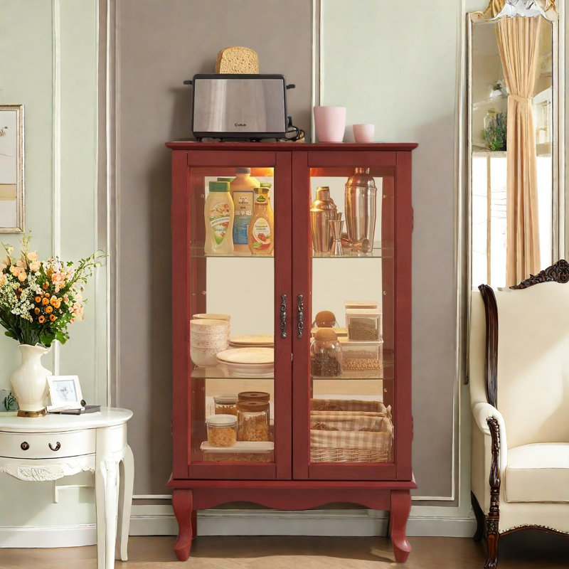 Vitrine avec 2 portes en verre trempé, tablettes réglables et éclairage DEL, Cerisier
