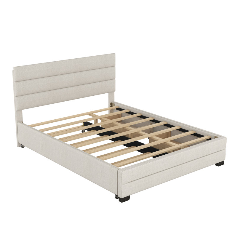 Queen Upholstered Platform Bed With Twin Size Trundle And Two Drawers, Beige