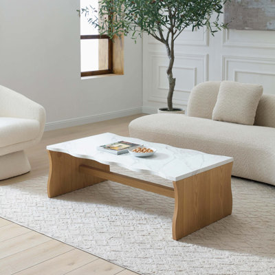 Whisper of Waves Modern Coffee Table, Faux Marble Table Top w/ Solid Wood Veneered Base, Organic Shape Accent Table, Cocktail Table for Living Room Apartment Office
