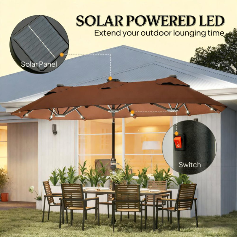 Parasol d'extérieur double face avec lumières solaires et base