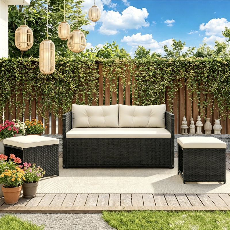 Patio Convertible PE Rattan Set, Slatted Acacia-Top Dining Table