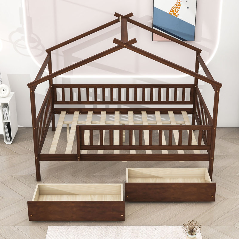 Heulwen Two Drawers Wooden House Bed, Full, Walnut