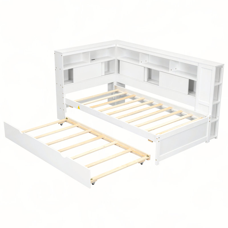 Lit de jour simple en bois avec tablettes de rangement, USB et lit gigogne, Blanc