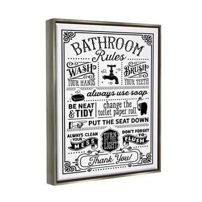 Vintage Style Bathroom Rules Diagram List Border Luster Gray Framed Floating Canvas Wall Art by Lettered and Lined