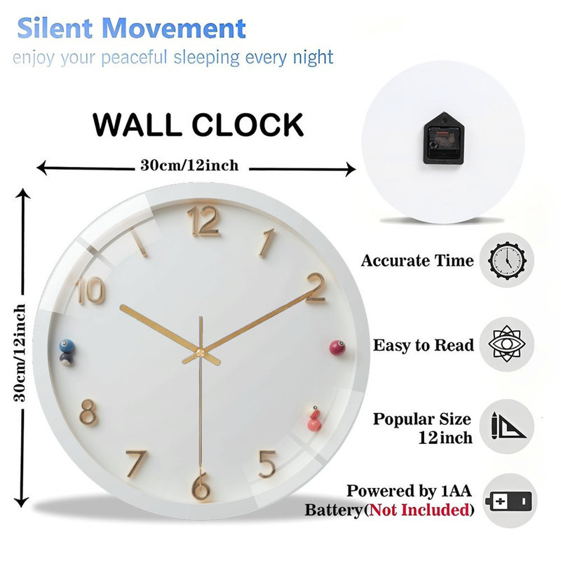 Modern Minimalist Wall Clock with Unique Design Art - 12'' Modern Glass Wall Clock