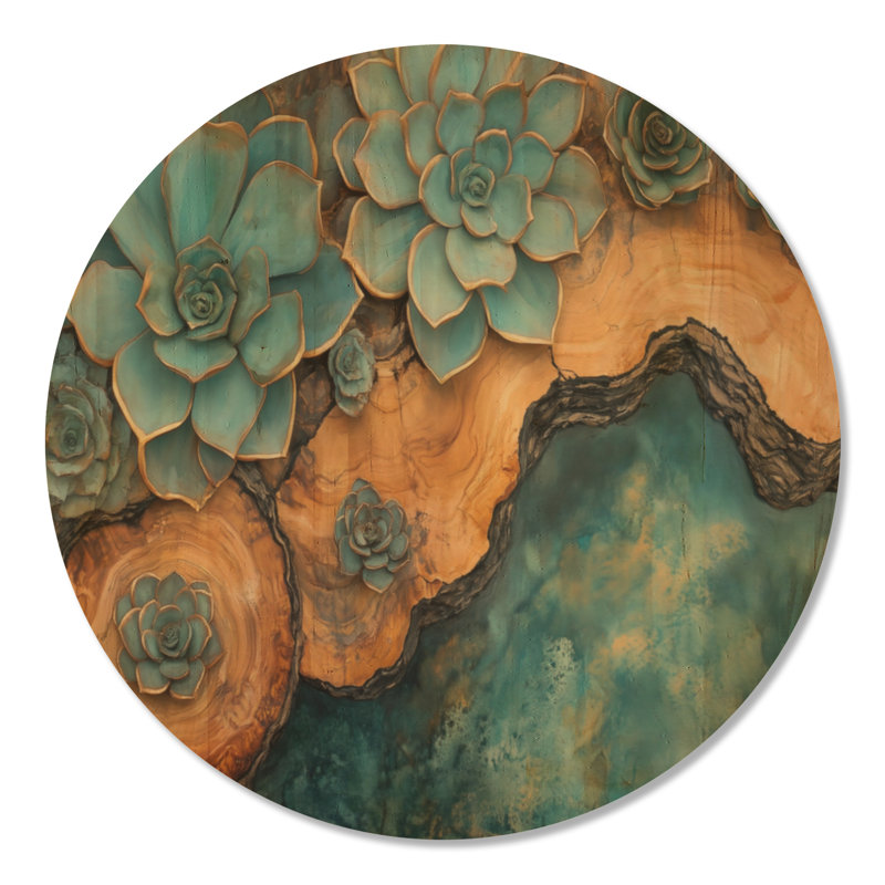 Succulentes turquoise et bois flotté II - Impression d'art mural ronde en bois à feuillage, Rond 23 po, Rond