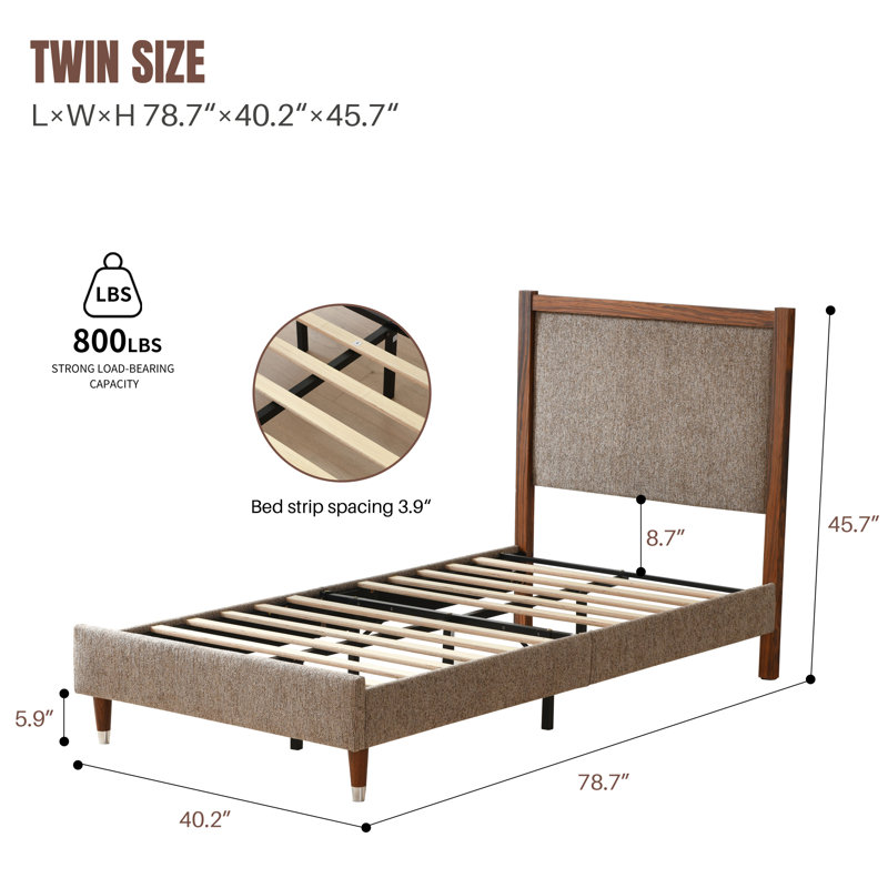 Lit plateforme en bois avec base rembourrée, Café, Twin