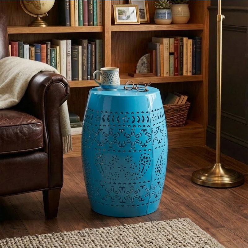 Modern Barrel Metal Side Table with Lace Cut Design No Assembly Accent Table for Patio Living Room Balcony, Blue